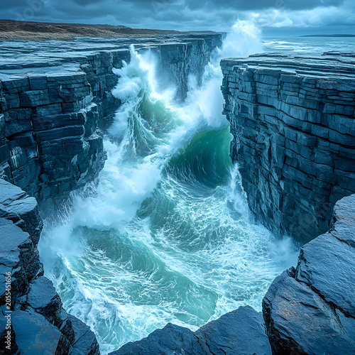 Ocean waves crashing against rocky cliffs.
