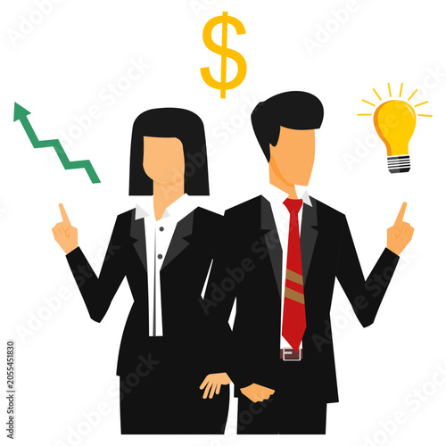 Business couple with chart, light bulb and dollar sign (2)