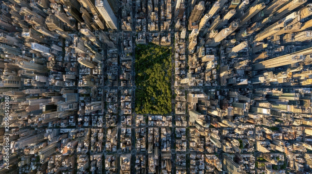 Obraz premium Aerial view of a large green park surrounded by a dense cityscape at sunset