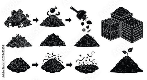 Schilderij op canvas Composting Process Diagram In Black Silhouette compost decomposition organic was