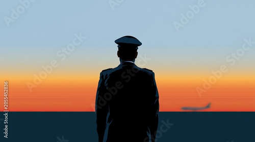 Silhouetted pilot in uniform watches plane take off at sunset