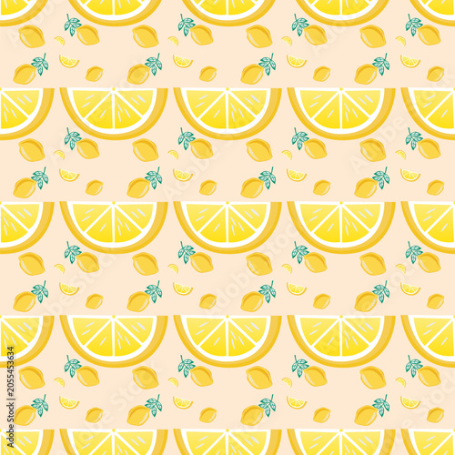 Seamless lemon pattern featuring fresh whole lemons, citrus slices, and green leaves on a soft beige background. Bright, cheerful fruit design ideal for textiles, packaging, wallpaper, and summer them