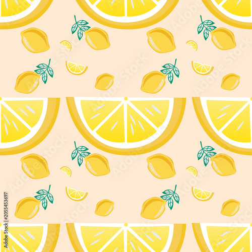 lemon, lemons, citrus, citrus fruit, fruit pattern, seamless pattern, repeating pattern, yellow lemon, lemon slice, lemon wedge, fresh, juicy, summer, tropical, botanical, leaves, green leaves, fruit 