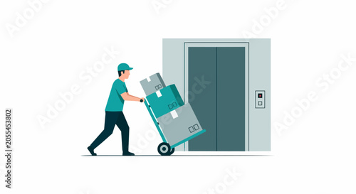 Professional Delivery Man Moving Cardboard Boxes on Hand Truck into Elevator Vector Illustration