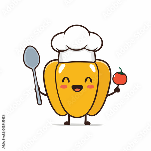 Cute Yellow Bell Pepper Chef Character Holding Spoon and Tomato