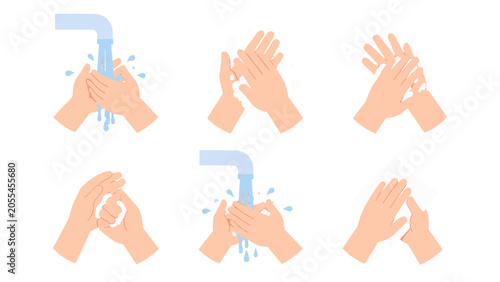 Bild auf Leinwand Handwashing steps with soap, water and drying illustration set