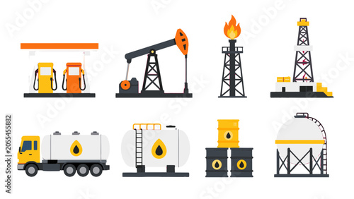 Quadro su tela Oil industry equipment flat vector icon set on white