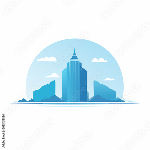 Modern Cityscape with Tall Blue Skyscraper and Mountains