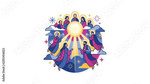 Photos Heavenly Scene with Radiant Light and Figures in Colorful Robes