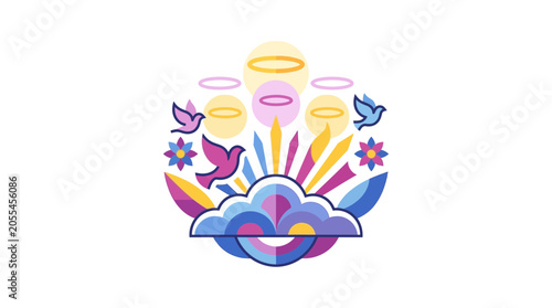 Slika na platnu Hopeful Sunrise with Doves, Halos, and Abstract Cloud - Spiritual and Peaceful S