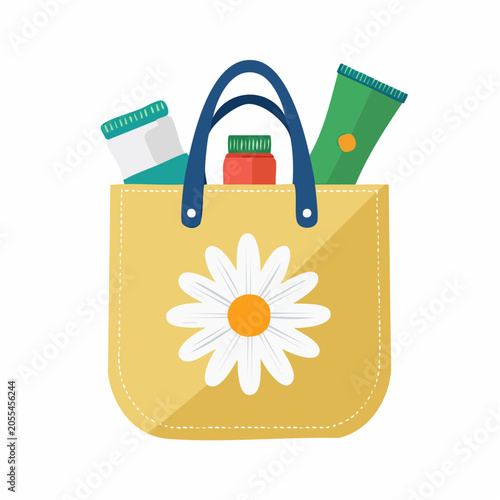 Yellow Tote Bag with Daisy and Toiletries