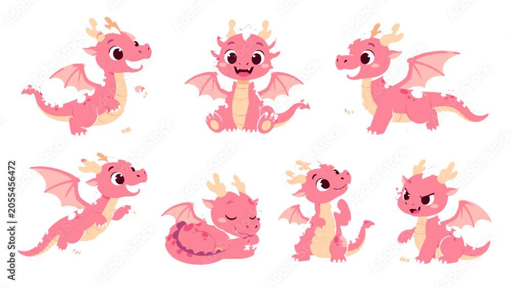 Naklejka premium Set of cute pink baby dragon characters in different poses