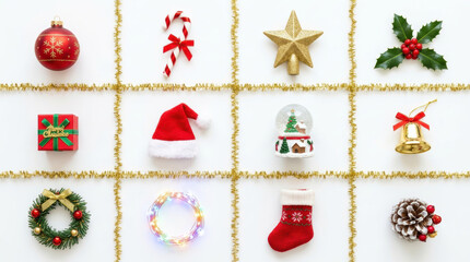 Christmas decoration items festive grid on white background