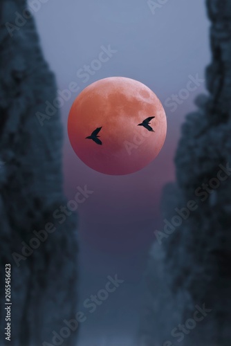 two birds flying over the red moon in an abyssal canyon