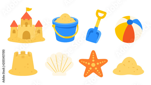 Photos Colorful beach and sand toy icons set on white background