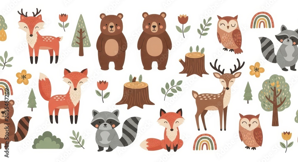 Fototapeta premium Hand Drawn Woodland Forest Animal Collection with Deer Bear Fox Raccoon Owl and Nature Elements