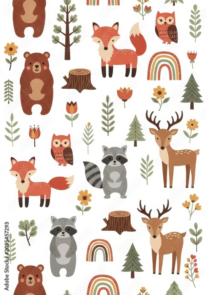 Fototapeta premium Cute Woodland Animals Seamless Pattern with Bear Fox Deer Owl and Raccoon in Scandinavian Style for Nursery Decor