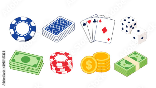 Schilderij op canvas Casino game icons with chips cards dice money and coins