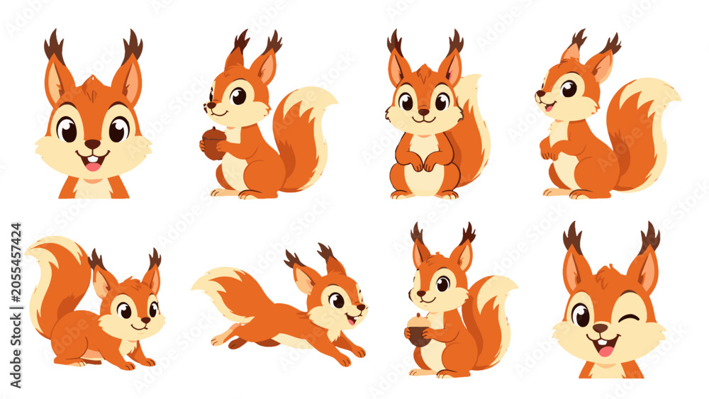 Fototapeta premium Cute cartoon squirrel character set in different poses