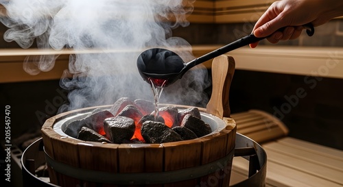 A person pours water onto glowing hot rocks in a traditional wooden sauna creating steam
