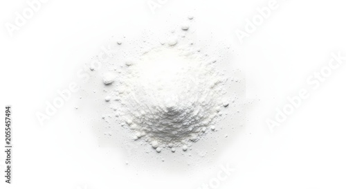 A pure white powder heap sits centrally on a clean white surface, viewed from above, creating a minimalist visual