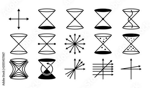Bild auf Leinwand Minimalist physics light cone icons, set of 15 theoretical relativity diagrams,