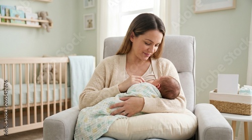 Gentle mother sitting in an armchair and breastfeeding her swaddled newborn baby in a nursery room for world breastfeeding week