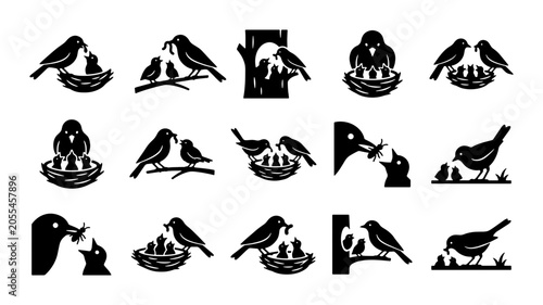 Tableau sur toile Black bird nest icons set, 15 vector silhouettes of parent birds feeding chicks,