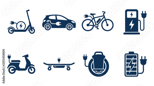Obraz na płótnie Various electric transportation modes including scooters, cars, bicycles, and ch