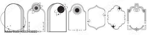Mystical cosmic frames celestial design set on white background.