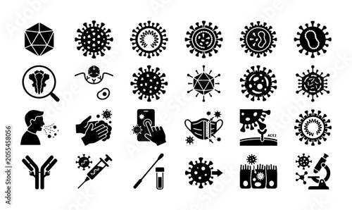 Photography Coronavirus and virology icon set, 24 black glyph icons of virus structure and m
