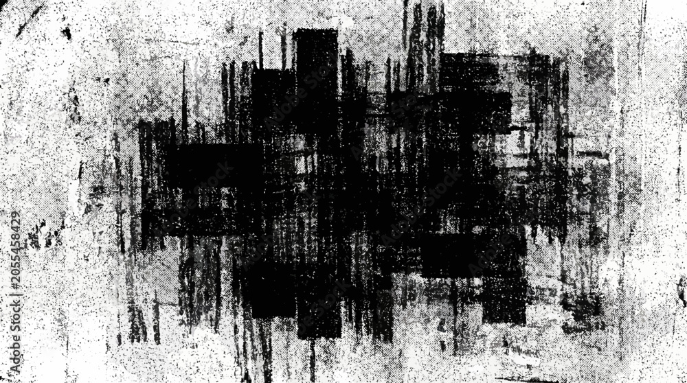 Fototapeta premium Abstract black geometric brush-stroke composition on a white textured background, a bold monochrome artwork for modern interiors