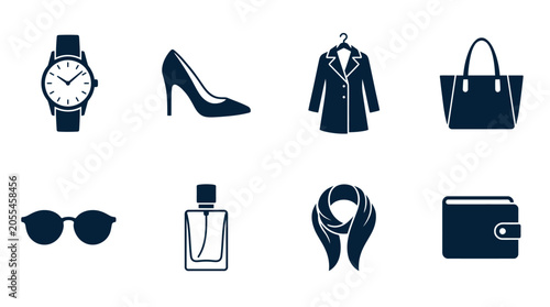 Set of fashion accessories icons including watch shoe coat bag sunglasses perfume scarf and wallet.