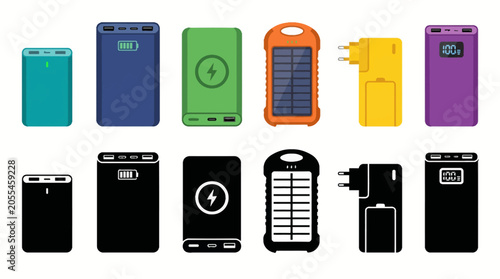 Vector collection featuring different power bank designs, compact power bank, fast charging power bank, wireless power bank, solar power bank, travel charger, portable battery pack