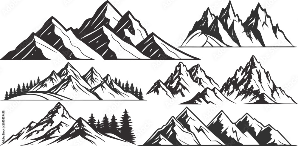 Fototapeta premium vector illustration of mountain landscape with trees ships houses and vintage city silhouette design