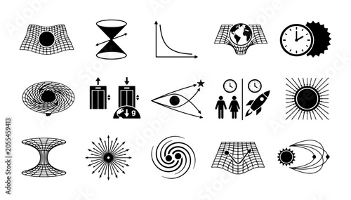 Foto General relativity physics icons set, 15 black and white science vector symbols,