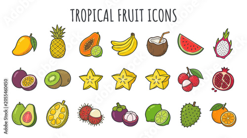 Tropical Fruit Icons Set - Mango, Pineapple, Papaya, Banana, Coconut, Watermelon, Dragon Fruit