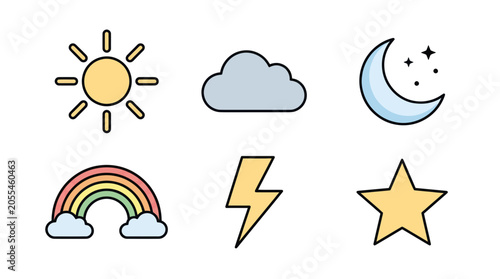 Weather Icons Set: Sun, Cloud, Moon, Rainbow, Lightning, Star