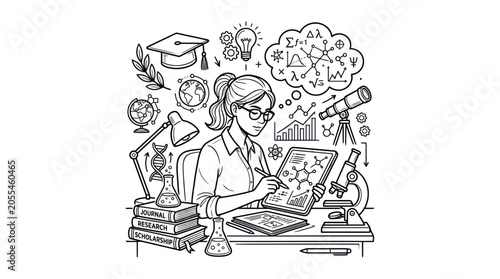 Woman Scientist Working on Research, Chemistry and Physics Concepts