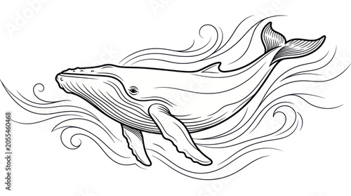 Whale Swimming in Stylized Waves, Black and White Line Art Illustration