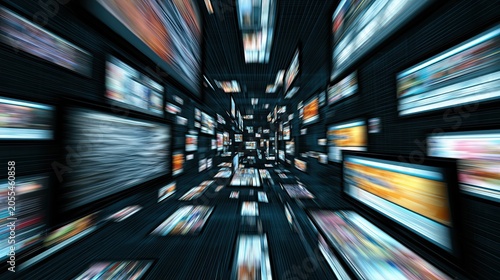 Infinite screens in a dark, deep tunnel, blurring into the distance