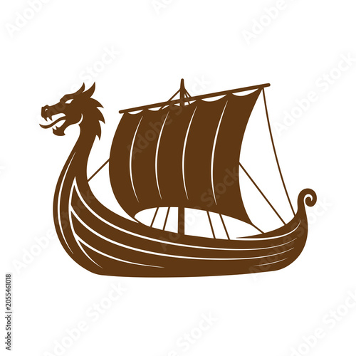 Fotografía Viking longship silhouette with dragon figurehead on white background