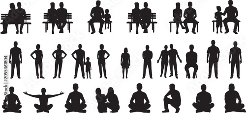 People silhouettes collection, family adults and children sitting standing meditating together, black shadow human characters vector illustration set