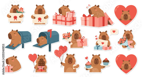 Tableau sur toile Cute Capybara Illustrations Set for Valentine's Day with Love Hearts and Romanti