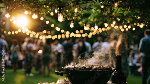 Evening garden party with glowing string lights over a barbecue