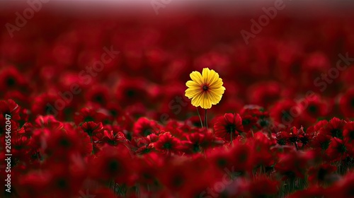 A vibrant yellow flower stands out in a vast field of red blossoms