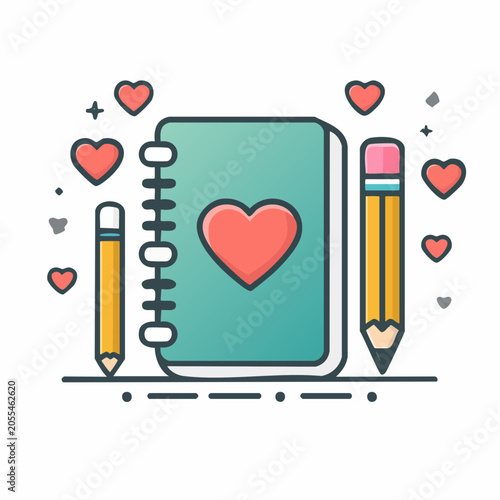 Notebook with Heart and Pencils Icon