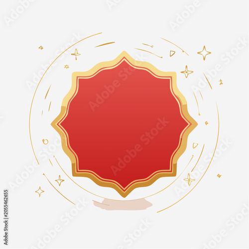 Red and Gold Decorative Emblem with Stars and Swirls