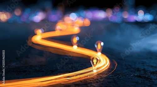 Glowing trail of light bulbs on dark, smoky surface