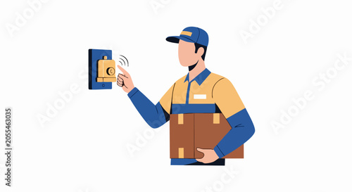 Delivery Man in Uniform Ringing Doorbell Holding Cardboard Box Parcel Flat Illustration